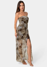Side View-Printed Mesh Twist Waist Strapless Maxi Dress-Brown Multi