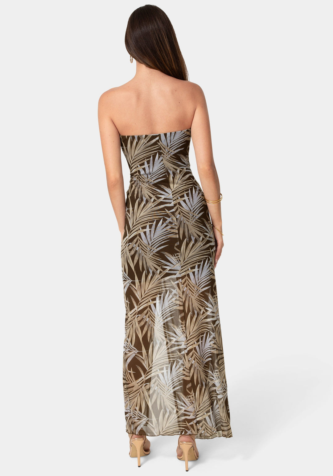 Back View-Printed Mesh Twist Waist Strapless Maxi Dress-Brown Multi