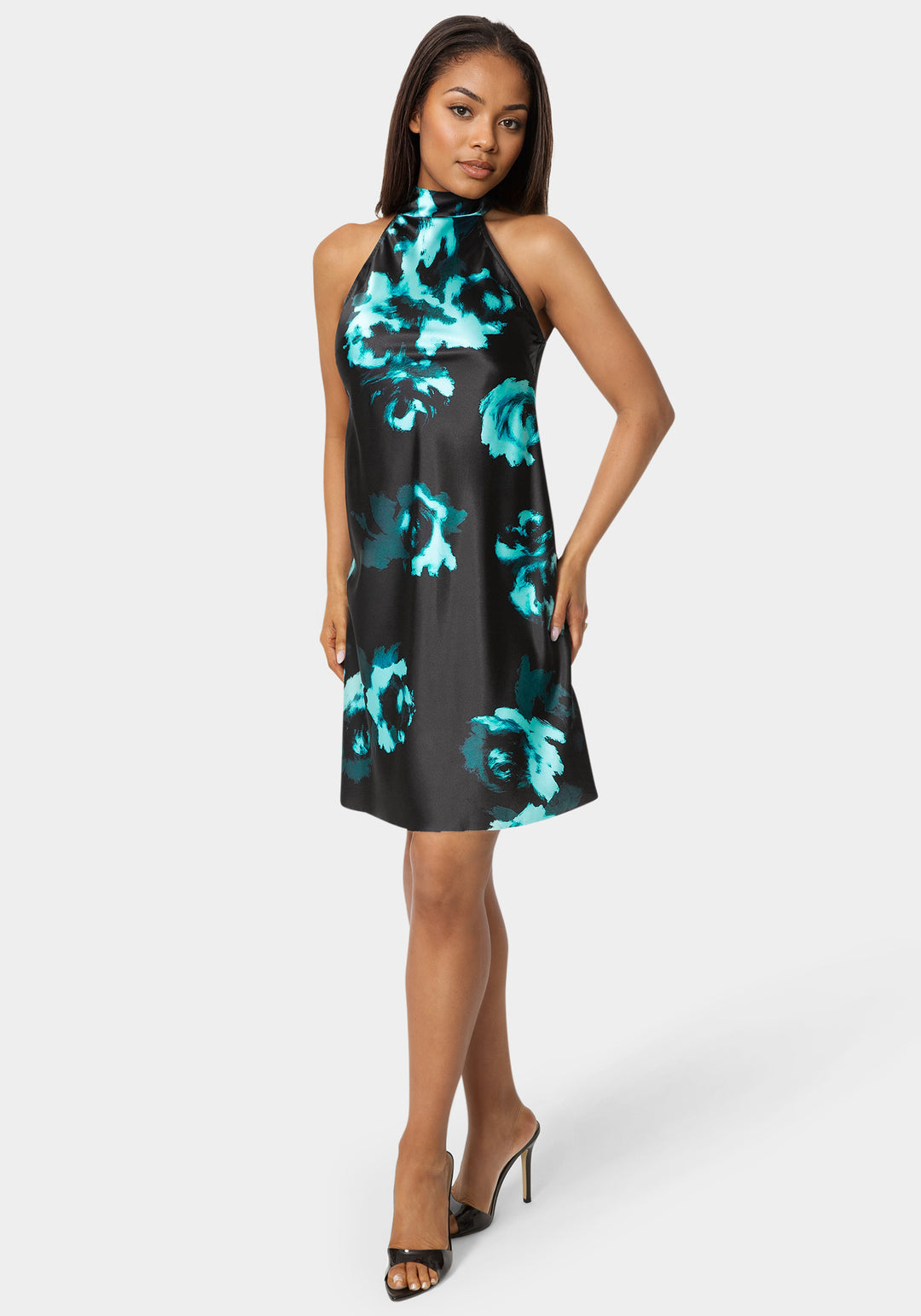 Bebe Women's Printed Satin Mock Neck Dress with Bow Back - Navy Multi Bebe Women's Printed Satin Mock Neck Dress with Bow Back - Navy Multi
