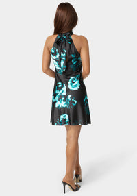 Back View-Printed Satin Mock Neck Dress with Bow Back-Navy/Multi
