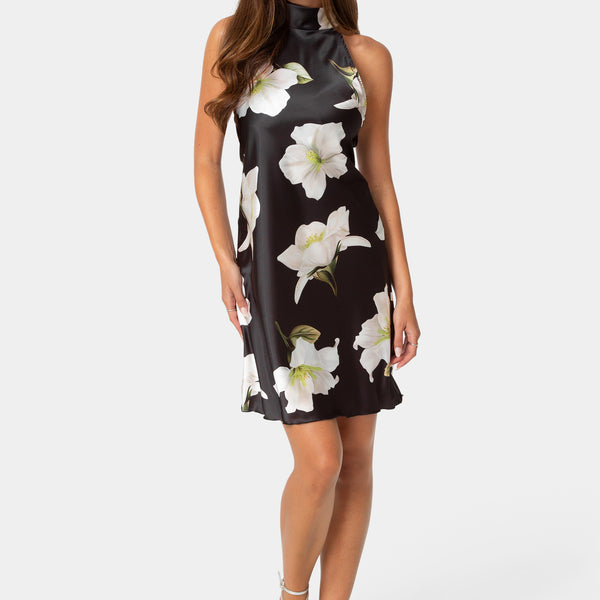 Front View-Printed Satin Mock Neck Dress with Bow Back-Black/White