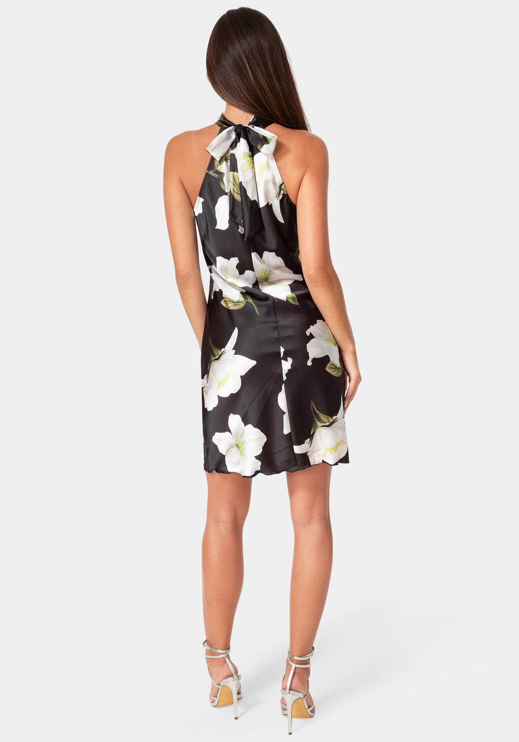 Back View-Printed Satin Mock Neck Dress with Bow Back-Black/White