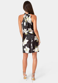 Back View-Printed Satin Mock Neck Dress with Bow Back-Black/White