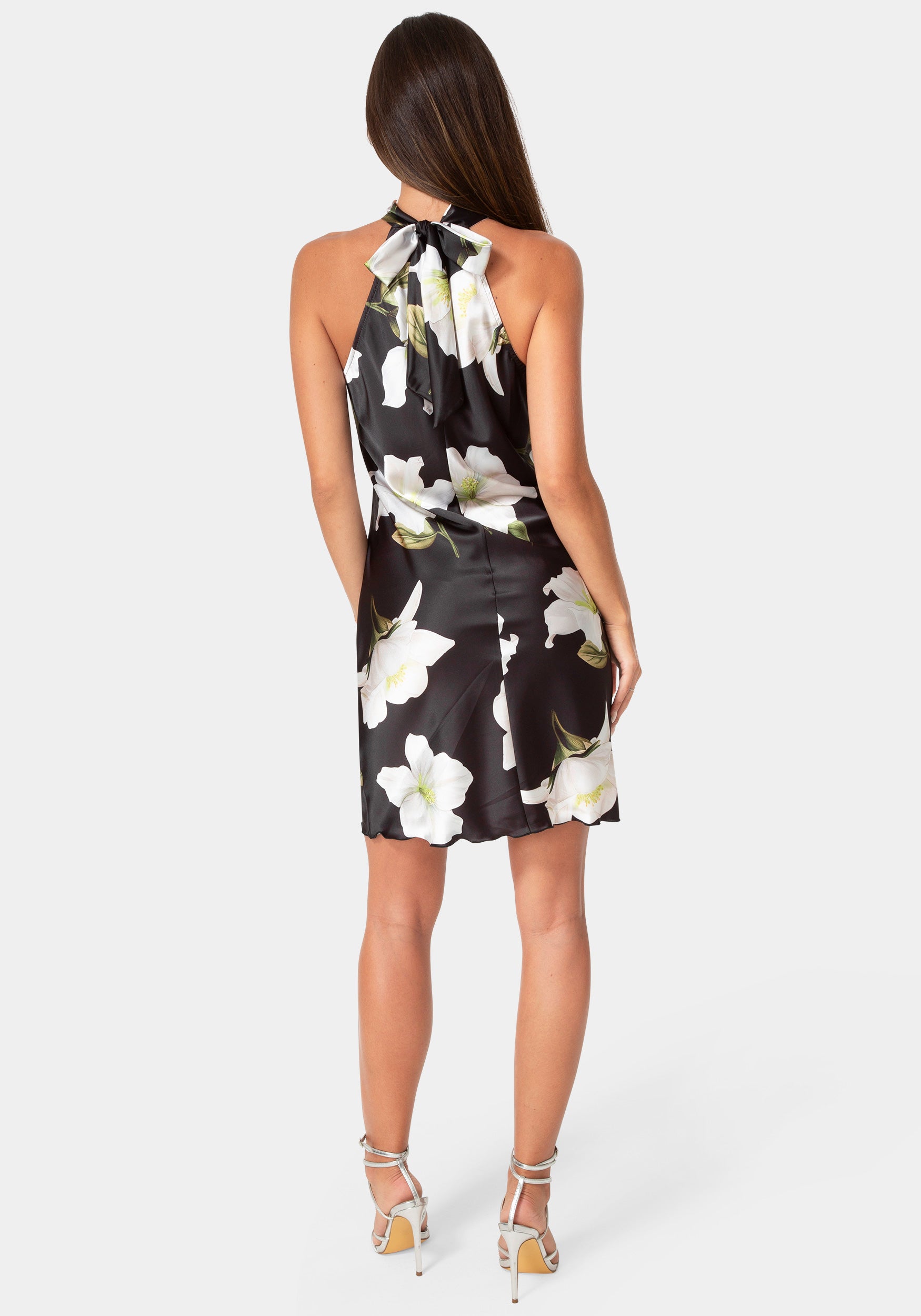 Back View-Printed Satin Mock Neck Dress with Bow Back-Black/White