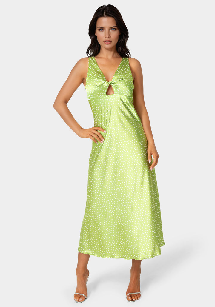 Front View-Swiss Dot Satin Twist Front Maxi Dress-Green/White