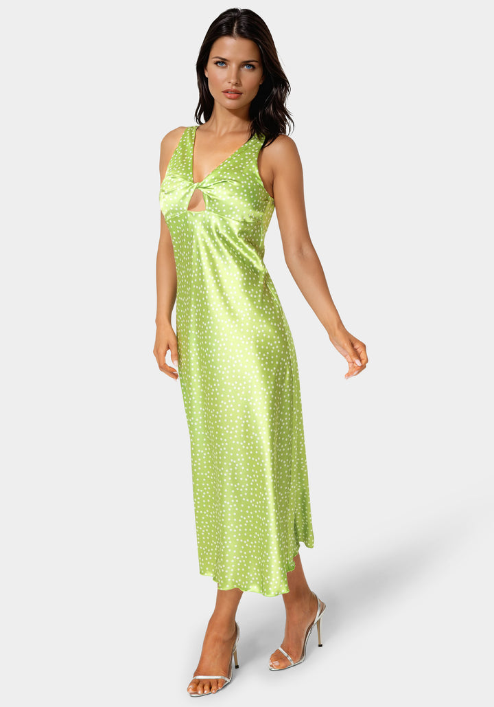 Side View-Swiss Dot Satin Twist Front Maxi Dress-Green/White
