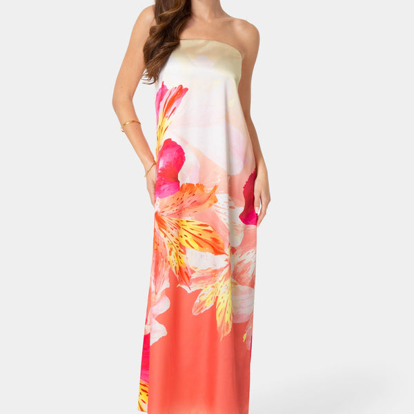 Front View-Printed Satin Strapless Maxi Dress-Pink/Floral