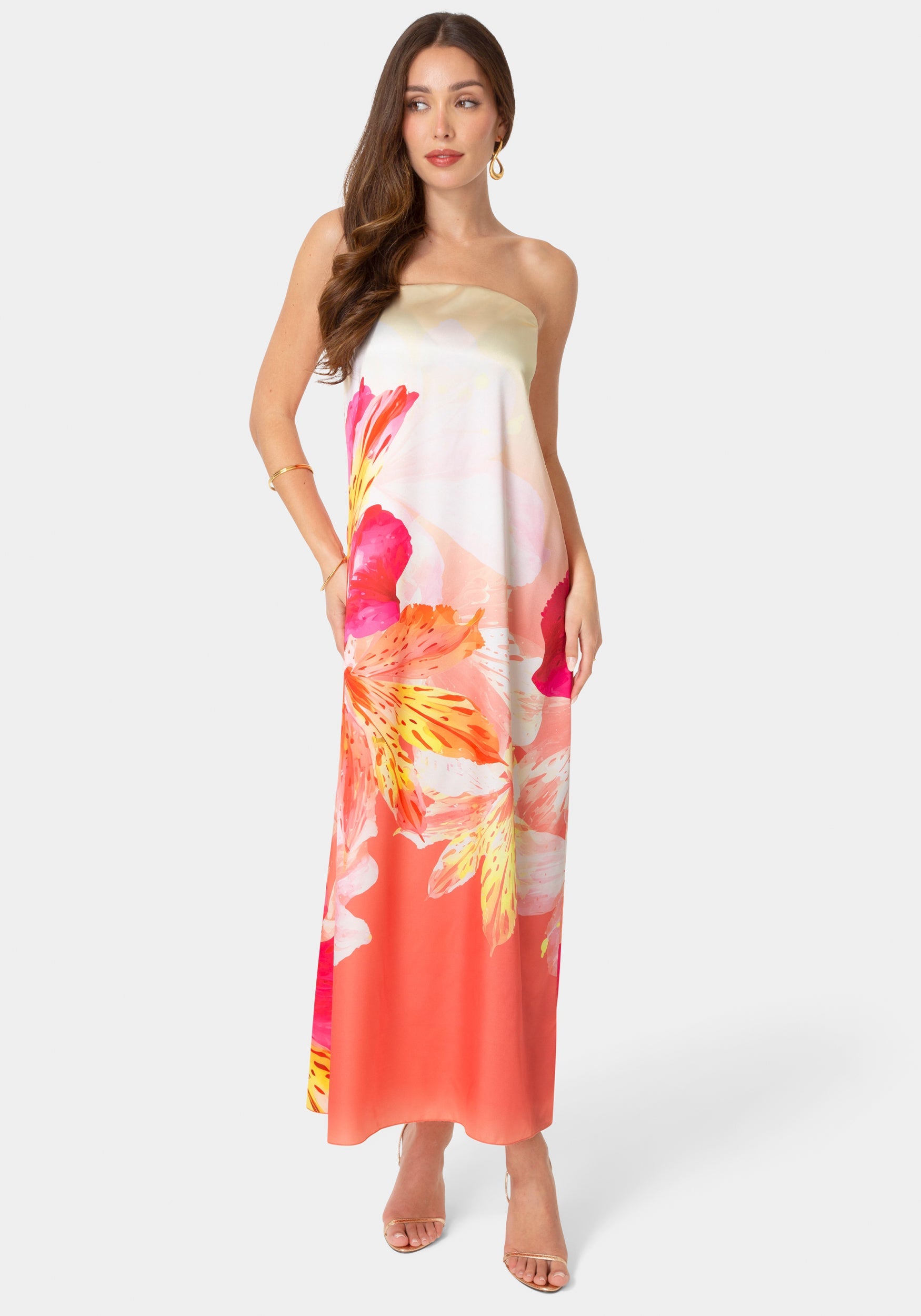 Bebe Women's Printed Satin Strapless Maxi Dress