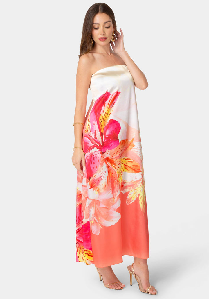 Side View-Printed Satin Strapless Maxi Dress-Pink/Floral