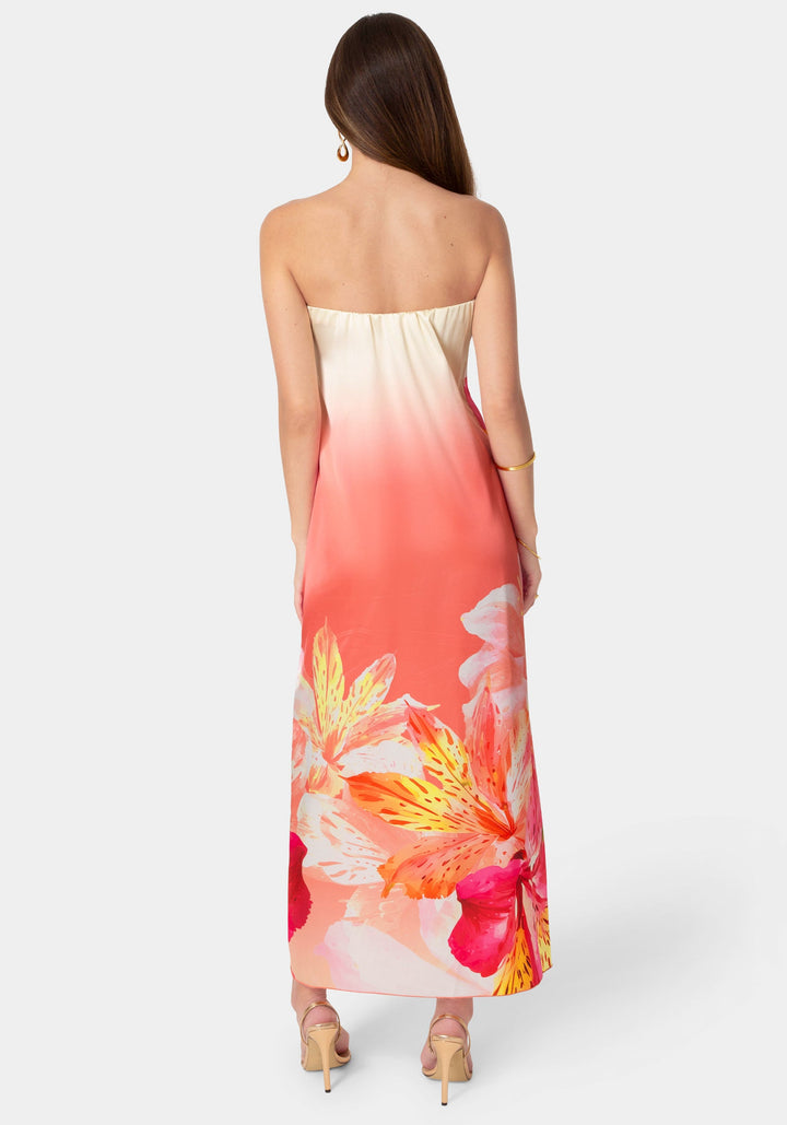 Back View-Printed Satin Strapless Maxi Dress-Pink/Floral