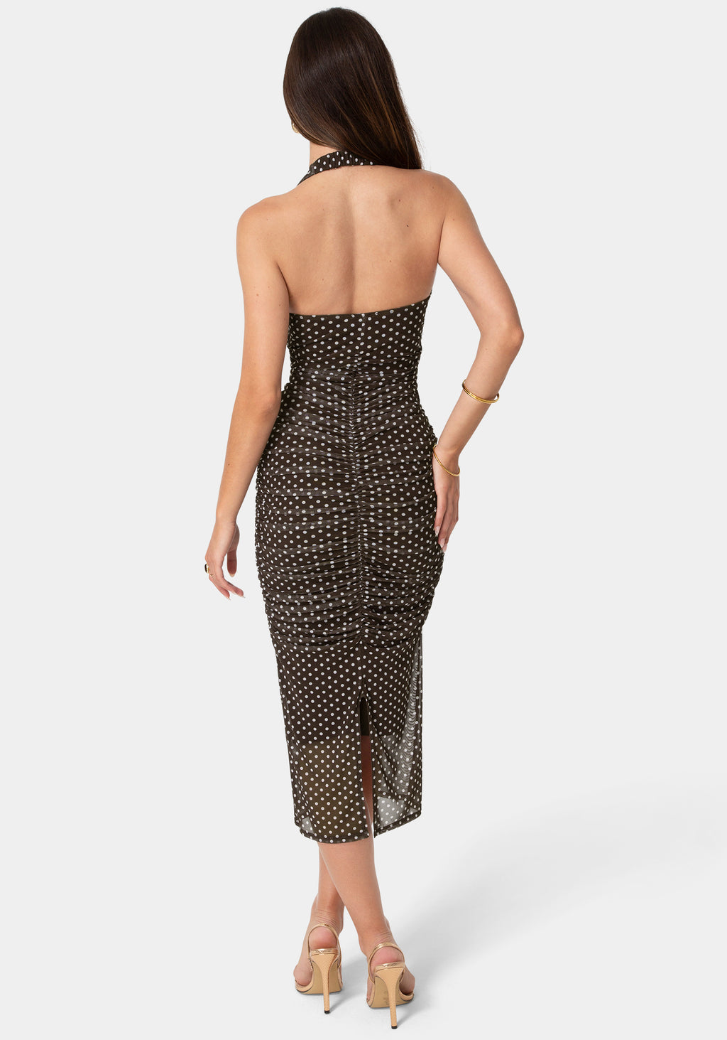 Back View-Polka Dot Mesh Shirred Halter Dress-Brown White