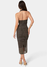 Back View-Polka Dot Mesh Shirred Halter Dress-Brown White