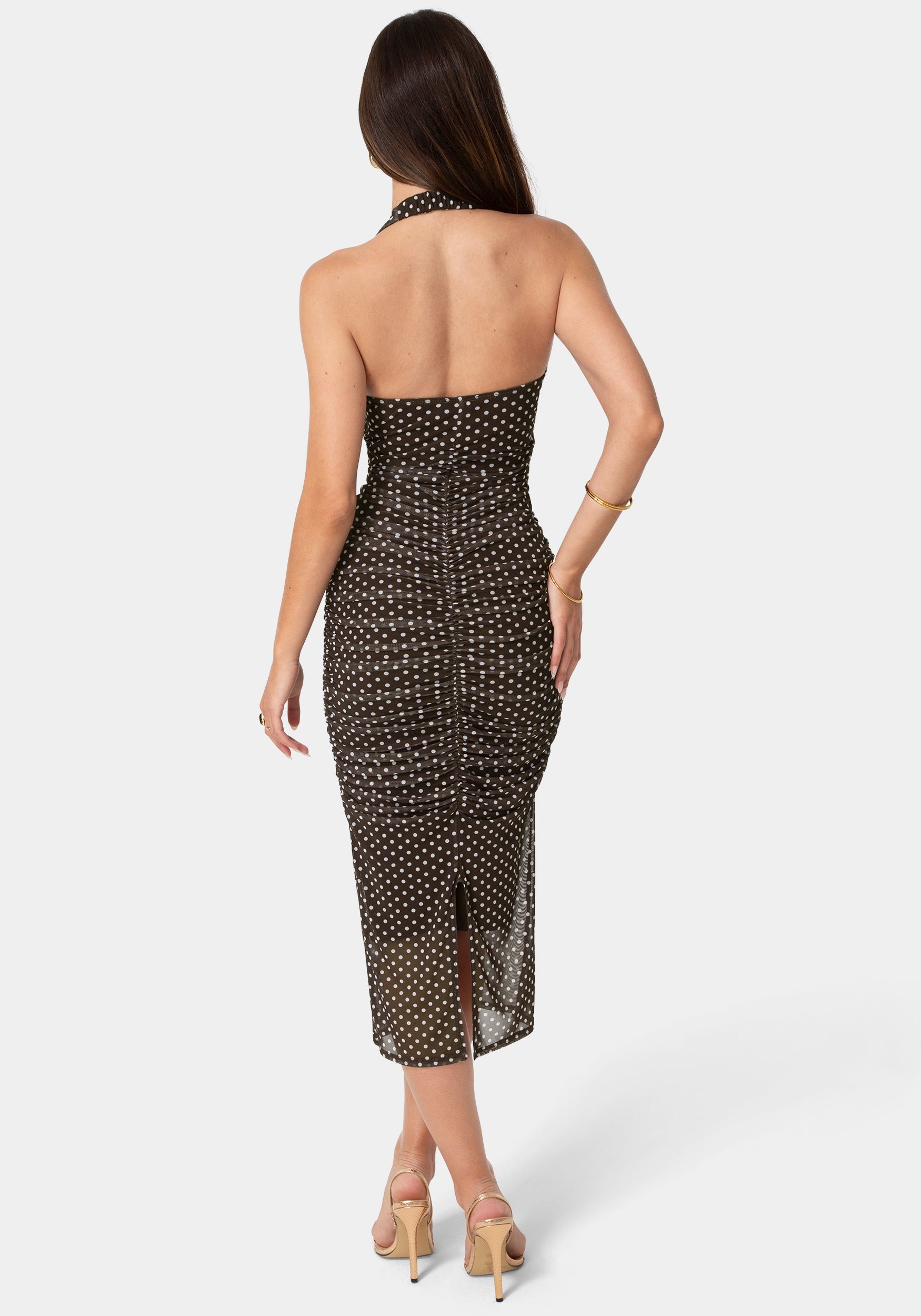 Back View-Polka Dot Mesh Shirred Halter Dress-Brown White