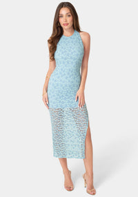 Front View-Daisy Lace High Neck Cowl Maxi Dress-Blue