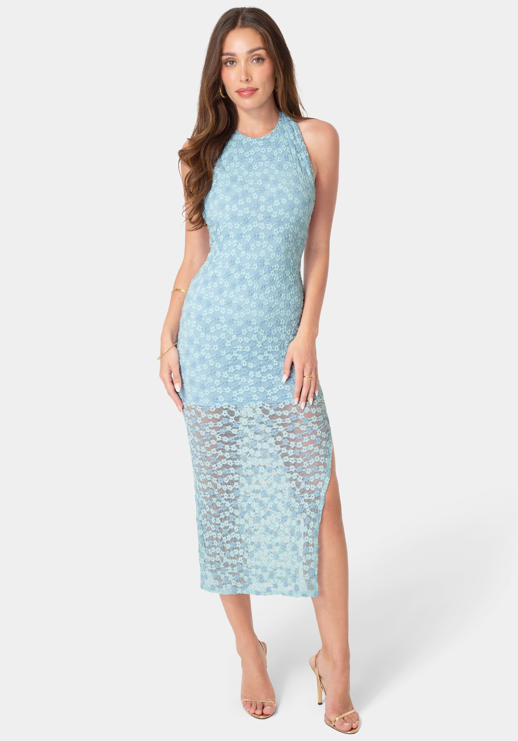 Front View-Daisy Lace High Neck Cowl Maxi Dress-Blue