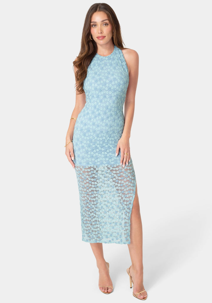 Front View-Daisy Lace High Neck Cowl Maxi Dress-Blue