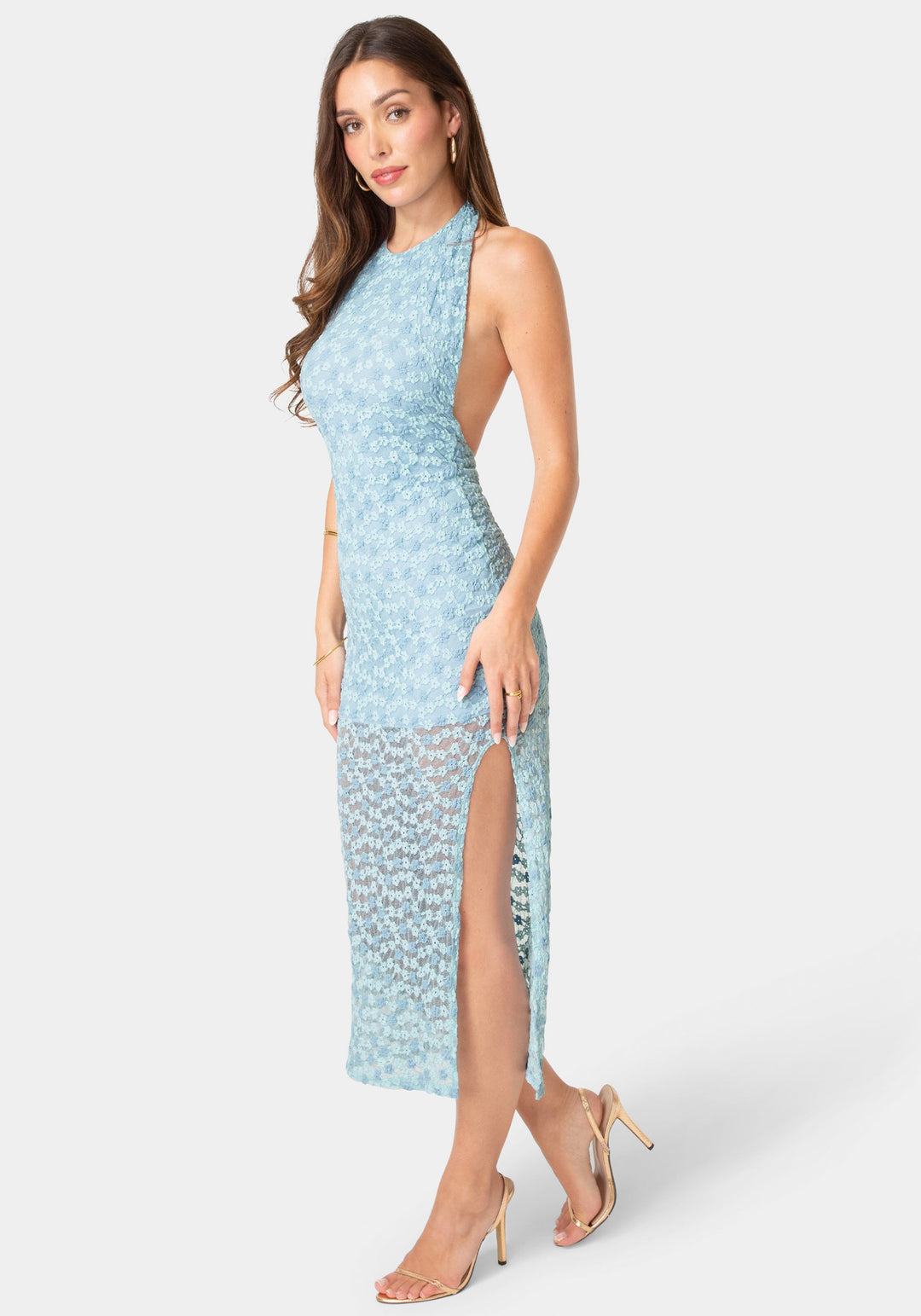Side View-Daisy Lace High Neck Cowl Maxi Dress-Blue