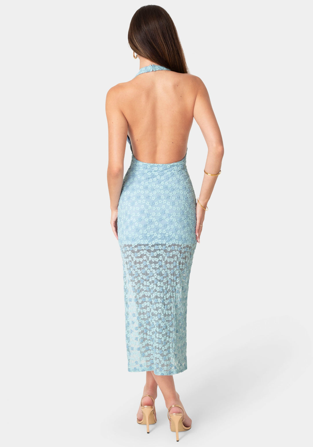 Back View-Daisy Lace High Neck Cowl Maxi Dress-Blue