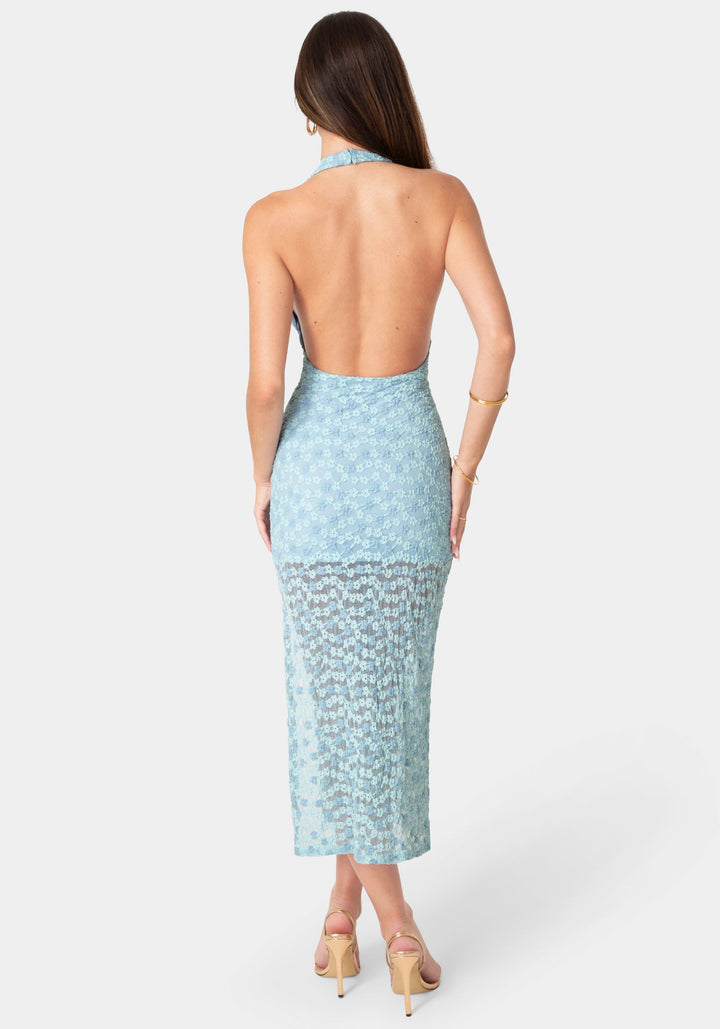 Back View-Daisy Lace High Neck Cowl Maxi Dress-Blue