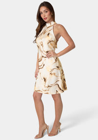 Side View-Animal Satin Mock Neck Dress with Bow Back-Tan Multi