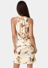 Back View-Animal Satin Mock Neck Dress with Bow Back-Tan Multi