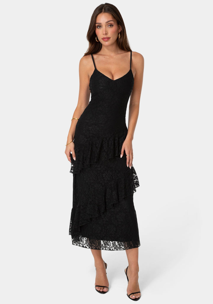 Front View-Lace Ruffle Maxi Dress-Black