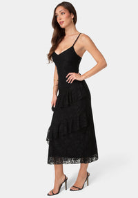 Side View-Lace Ruffle Maxi Dress-Black
