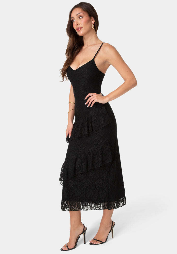 Side View-Lace Ruffle Maxi Dress-Black