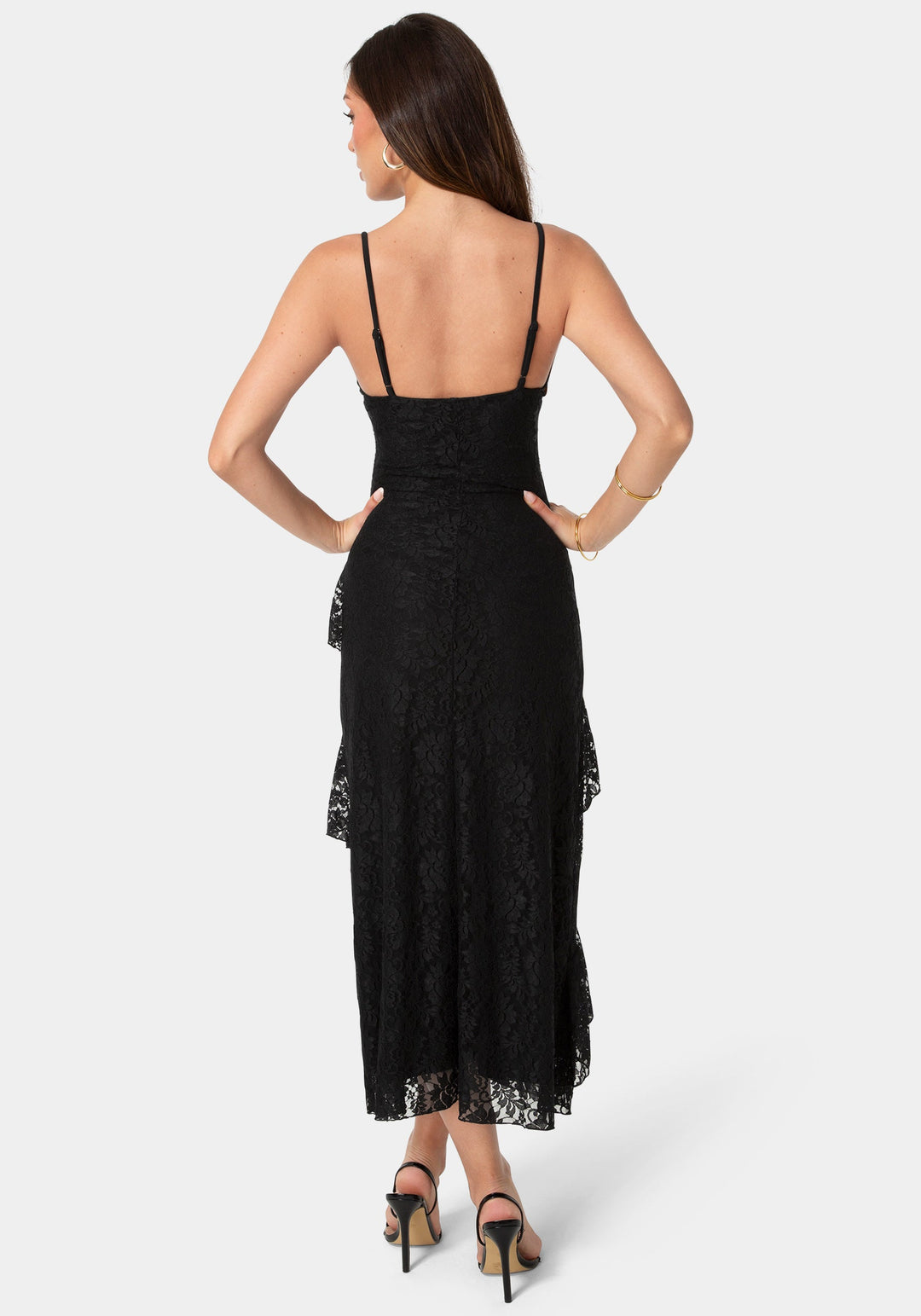 Back View-Lace Ruffle Maxi Dress-Black