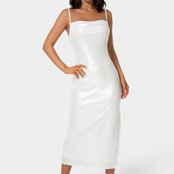 Front View-Foil Metallic Slinky Cowl Maxi Dress-Ivory/Silver