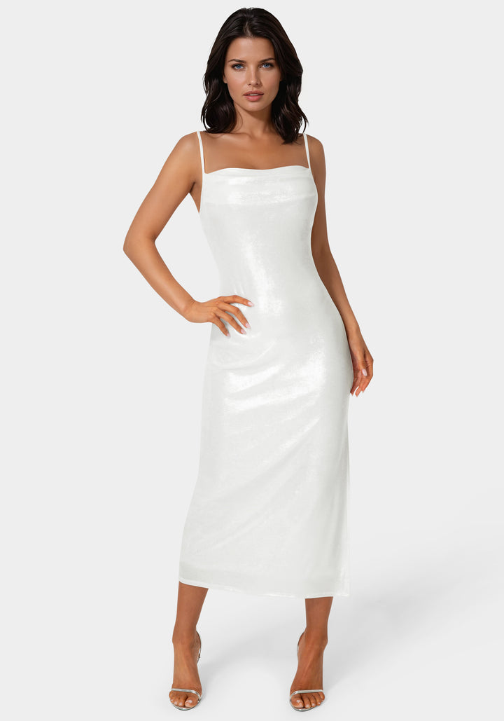 Front View-Foil Metallic Slinky Cowl Maxi Dress-Ivory/Silver