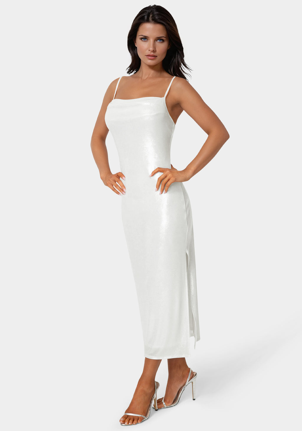 Side View-Foil Metallic Slinky Cowl Maxi Dress-Ivory/Silver