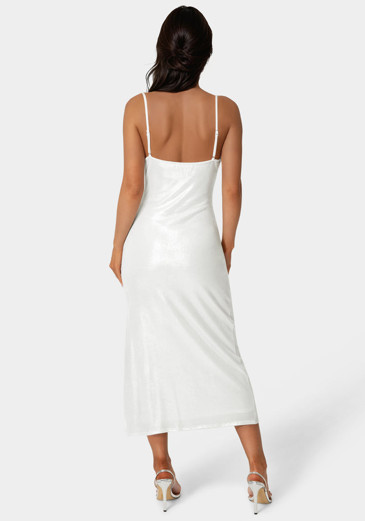 Back View-Foil Metallic Slinky Cowl Maxi Dress-Ivory/Silver