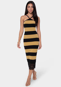 Front View - Black and Brown Striped Maxi with Lace Hem