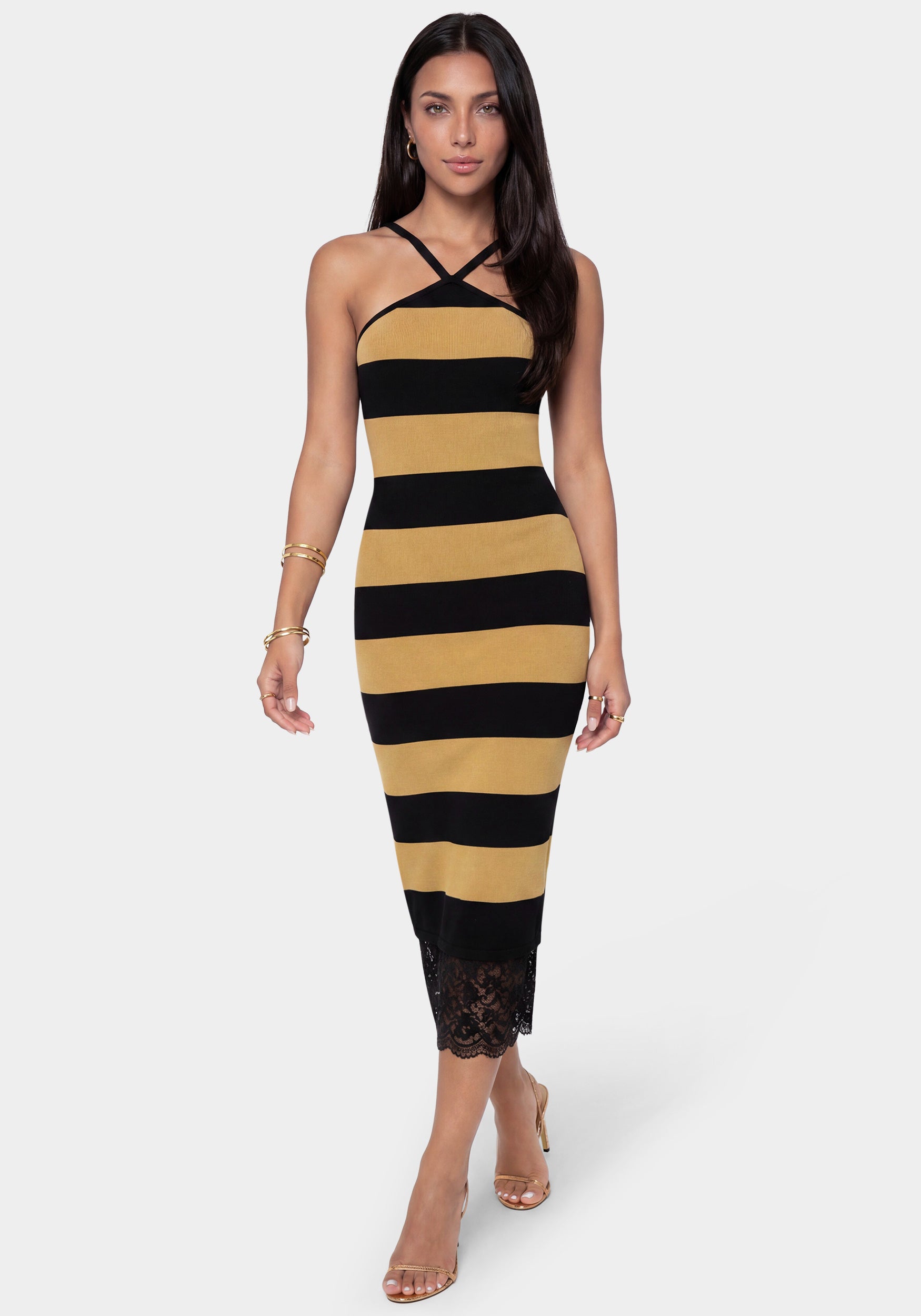 Front View - Black and Brown Striped Maxi with Lace Hem