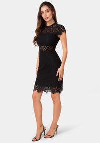 Side View-Lace Short Sleeve Illusion Dress-Black