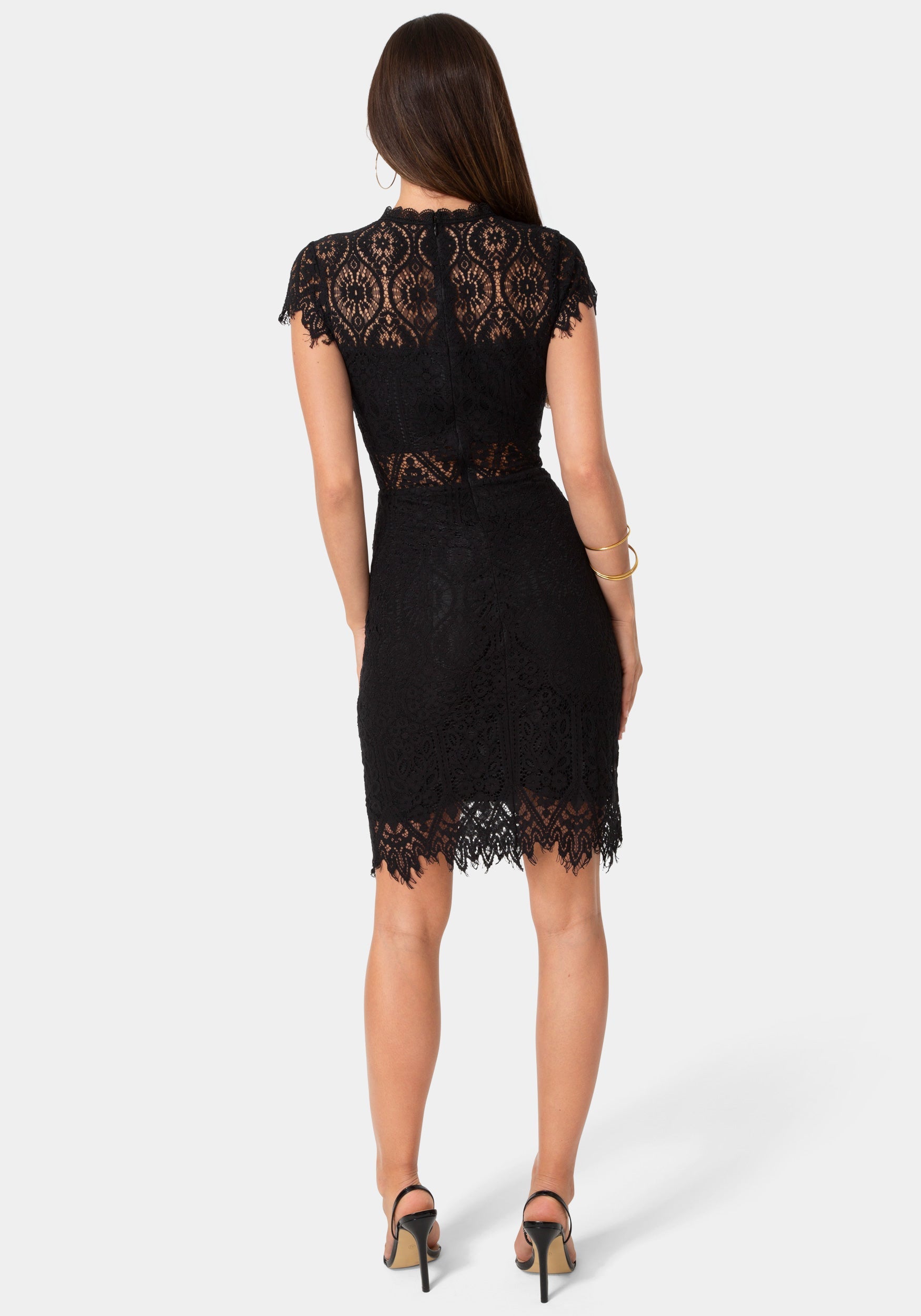 Back View-Lace Short Sleeve Illusion Dress-Black