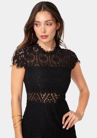 Other View-Lace Short Sleeve Illusion Dress-Black