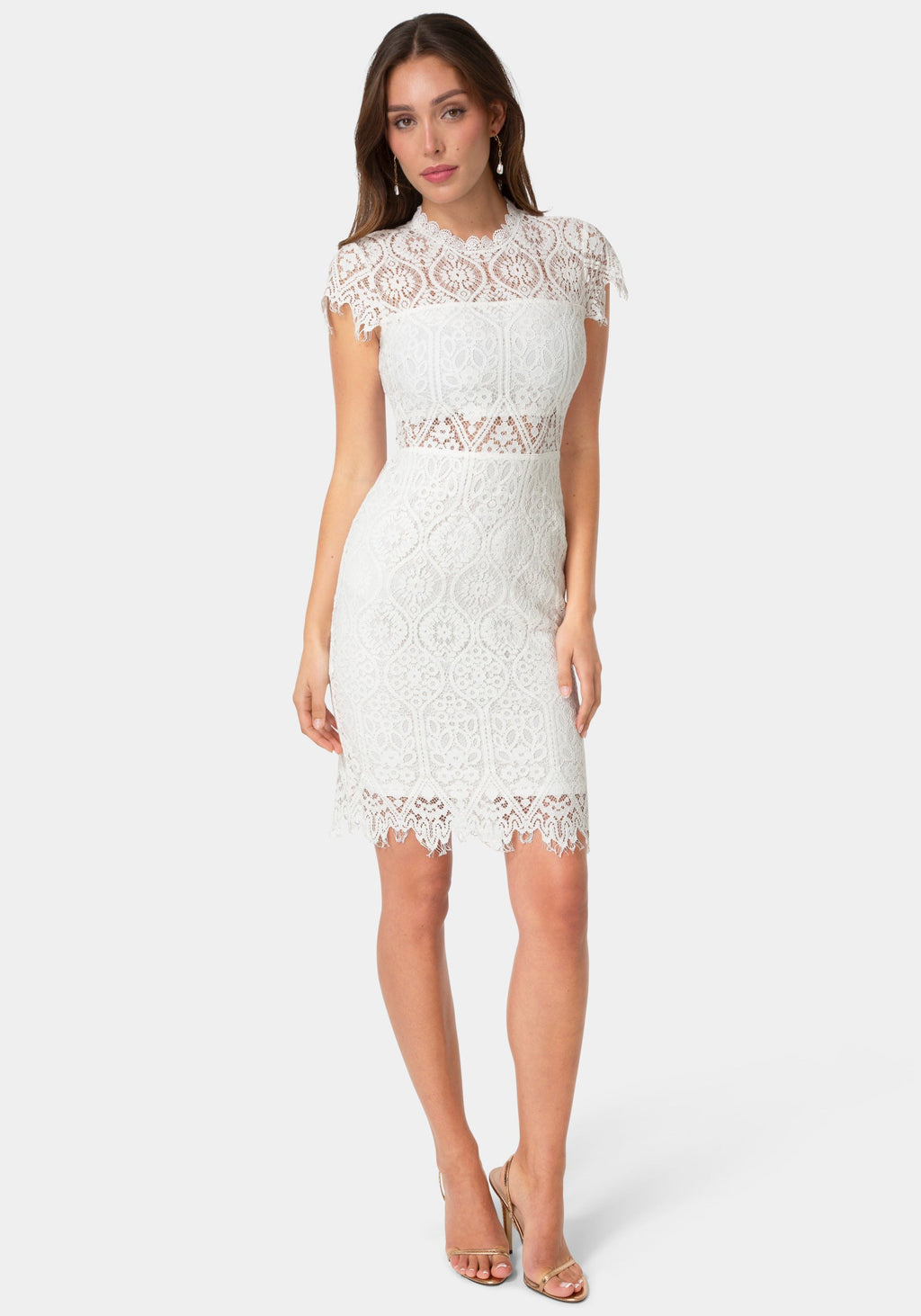 Front View-Lace Short Sleeve Illusion Dress-Ivory