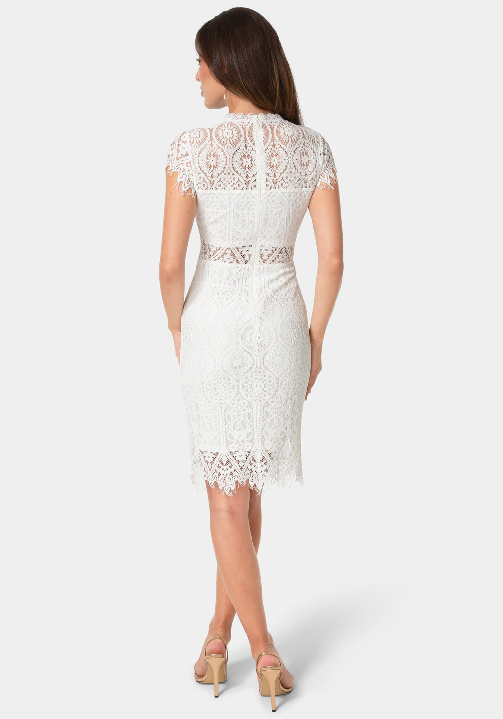 Back View-Lace Short Sleeve Illusion Dress-Ivory