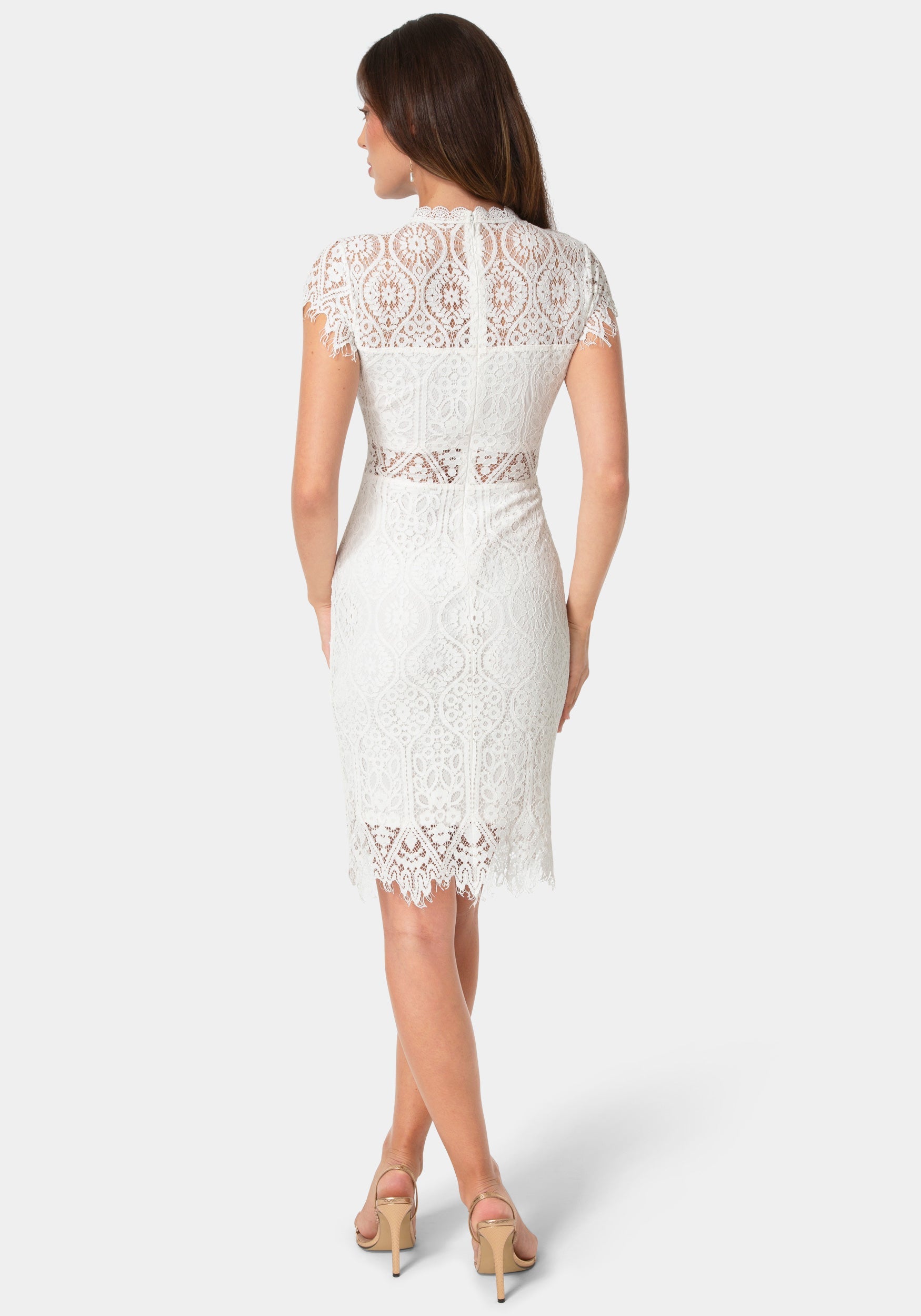 Back View-Lace Short Sleeve Illusion Dress-Ivory