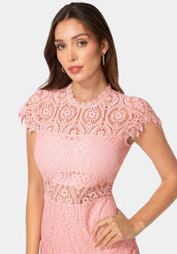 Other View-Lace Short Sleeve Illusion Dress-Rose