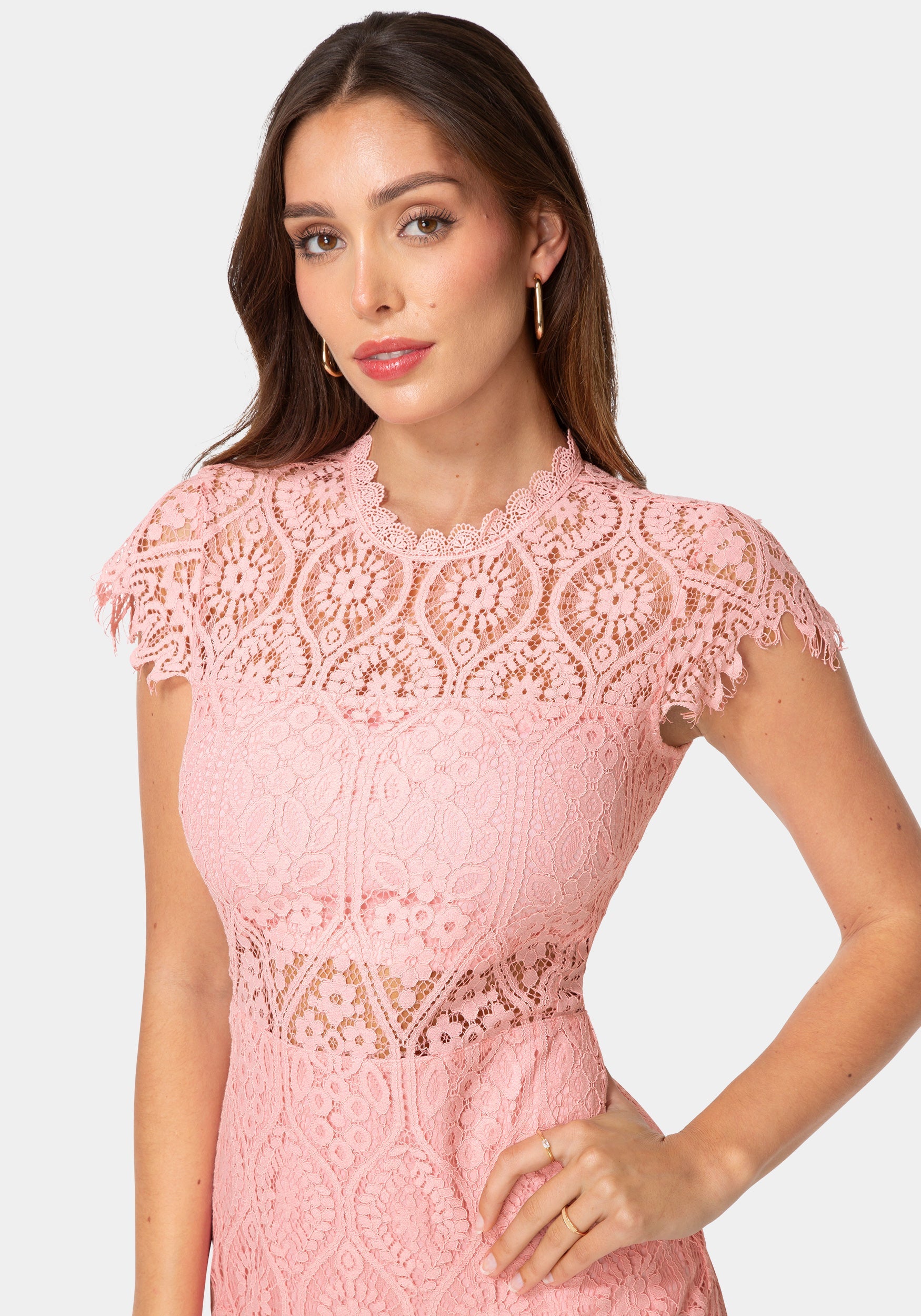 Other View-Lace Short Sleeve Illusion Dress-Rose