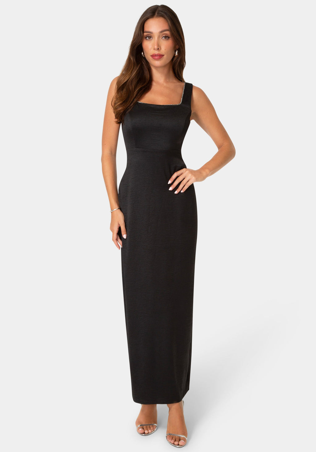 Front View-Crushed Satin Maxi Dress with Rhinestones-Black