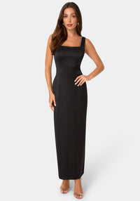 Front View-Crushed Satin Maxi Dress with Rhinestones-Black