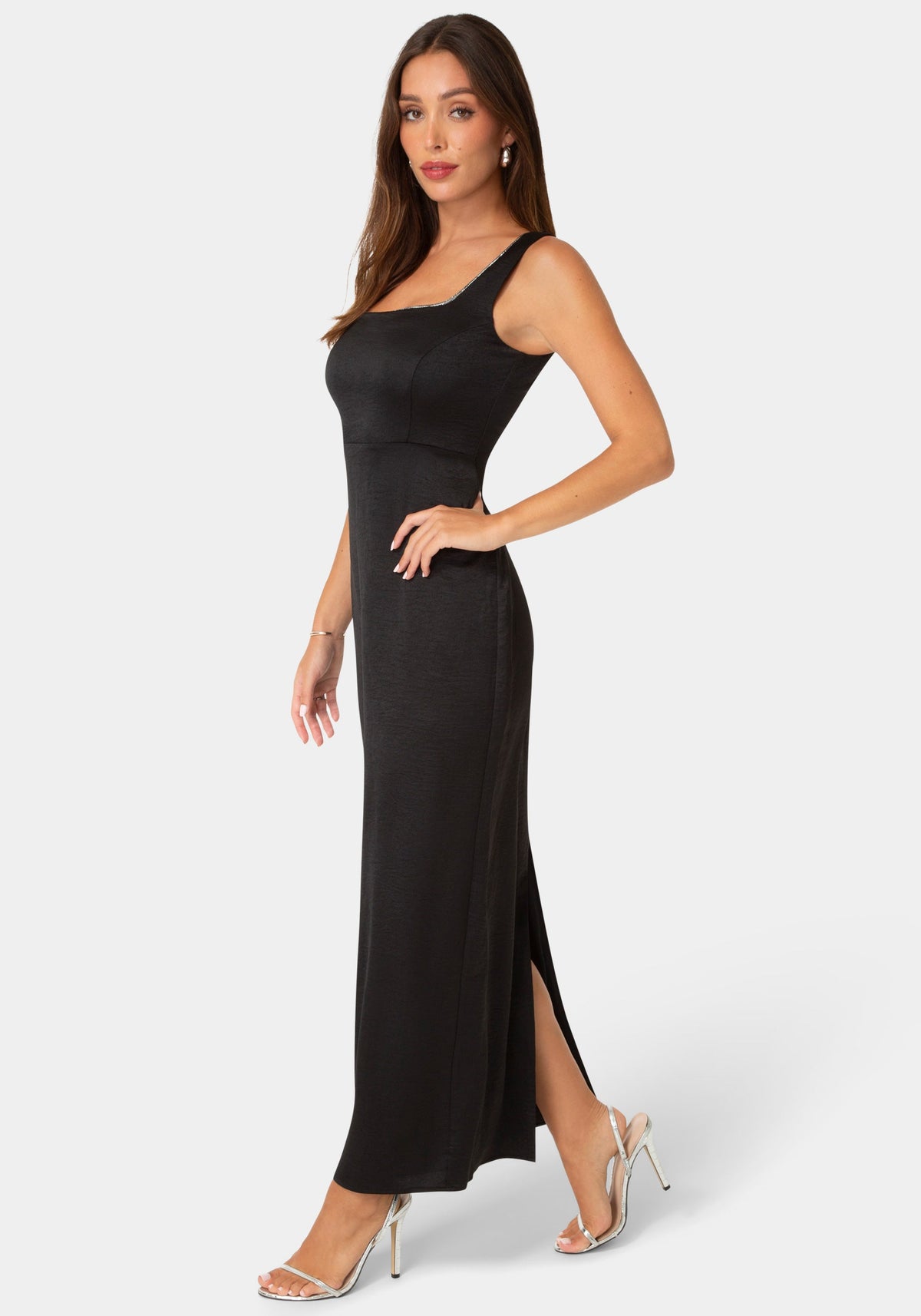Side View-Crushed Satin Maxi Dress with Rhinestones-Black