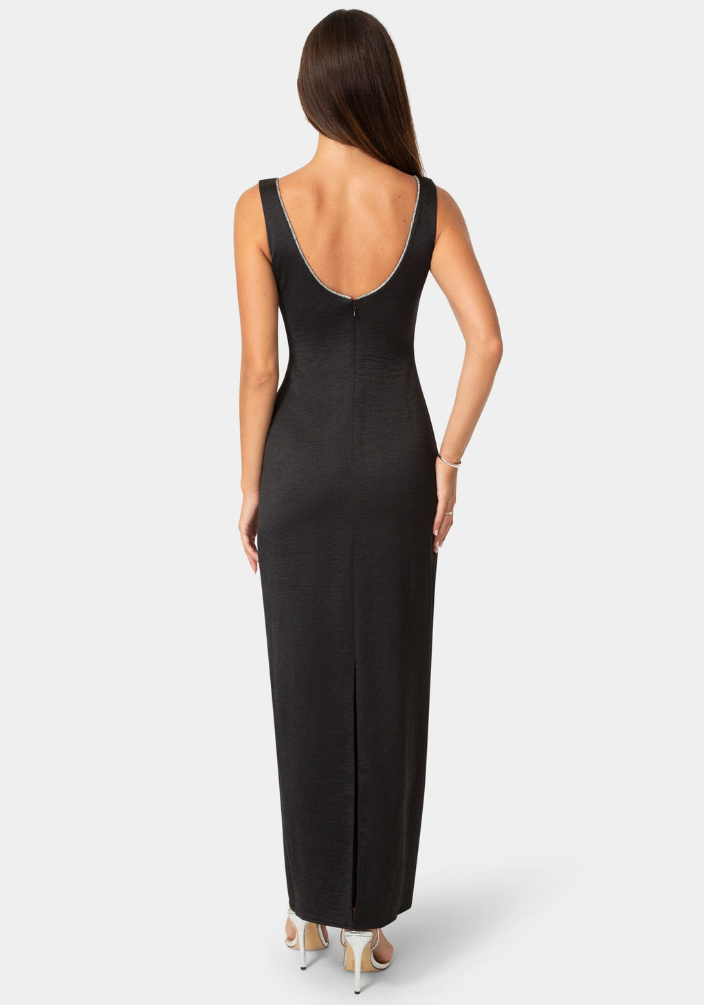 Back View-Crushed Satin Maxi Dress with Rhinestones-Black