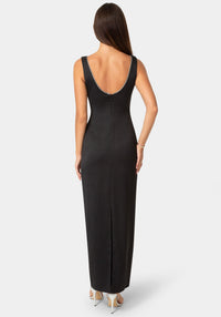 Back View-Crushed Satin Maxi Dress with Rhinestones-Black