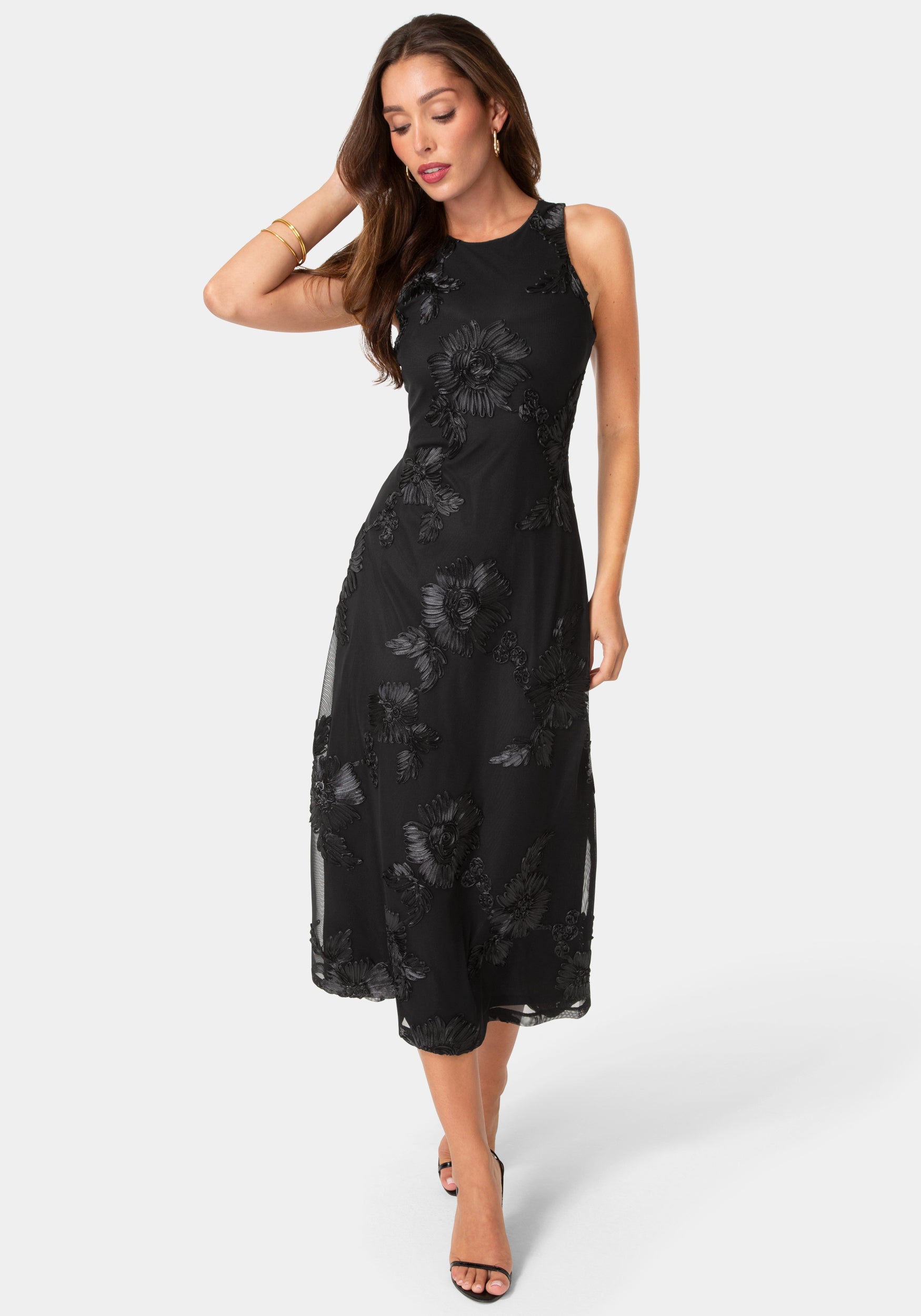 Front View-Soutache Racer Aline Maxi Dress-Black