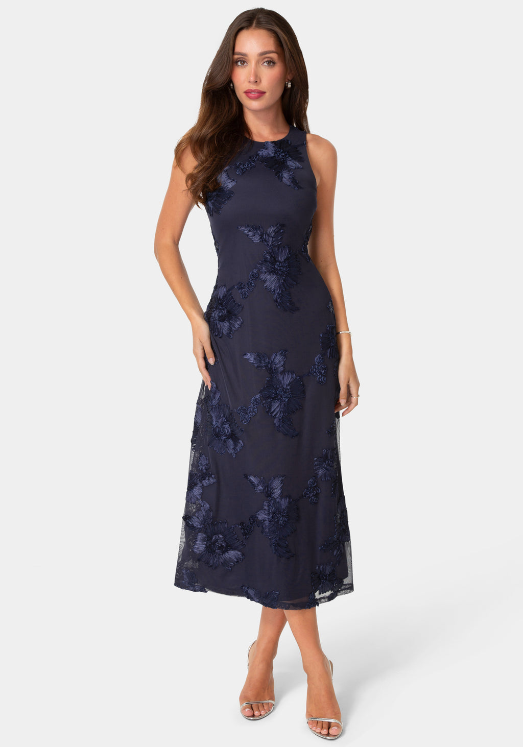 Front View-Soutache Racer Aline Maxi Dress-Navy